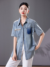 休闲蕾丝拼接牛仔衬衫女夏季欧货大码衬衣2025年新款洋气上衣，女装衬衫，靓衣阁