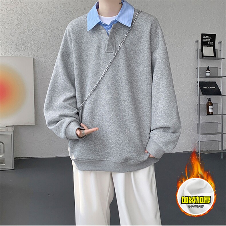 重磅加绒硬挺boxy男女美式高街假两件衬衫领长袖卫衣POLO领打底衫，男装T恤，电商A486-1