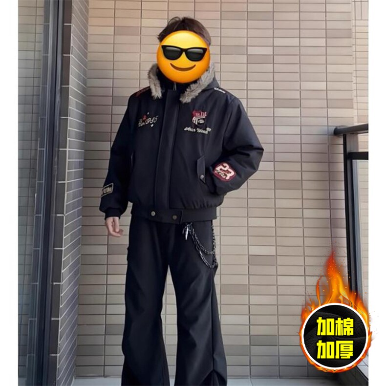 现货高品质美式高街重磅刺绣座山雕大毛毛领棉衣男女加厚棉服外套,男装棉衣,电商A486-1