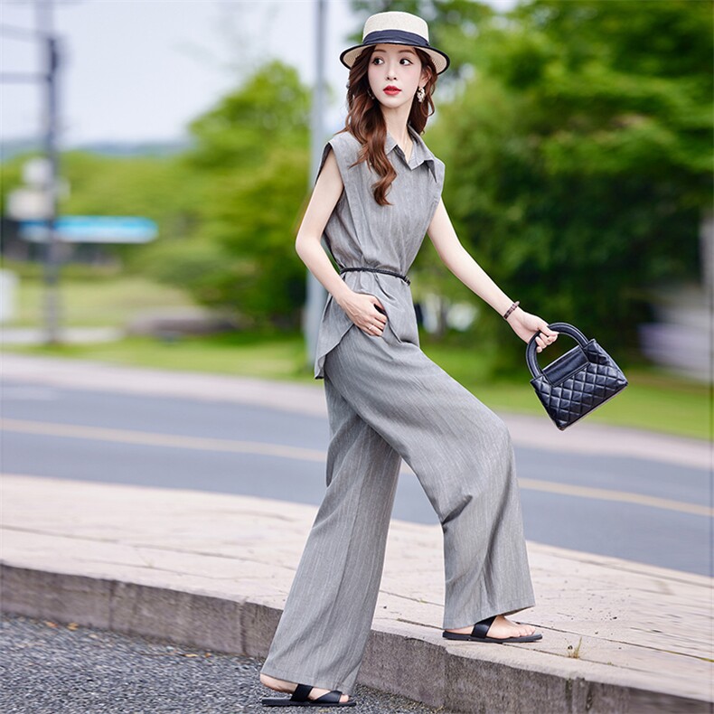 老钱风灰色时尚套装女2025夏季新款时尚通勤翻领衬衫阔腿裤两件套,女装套装/套裙,靓衣阁