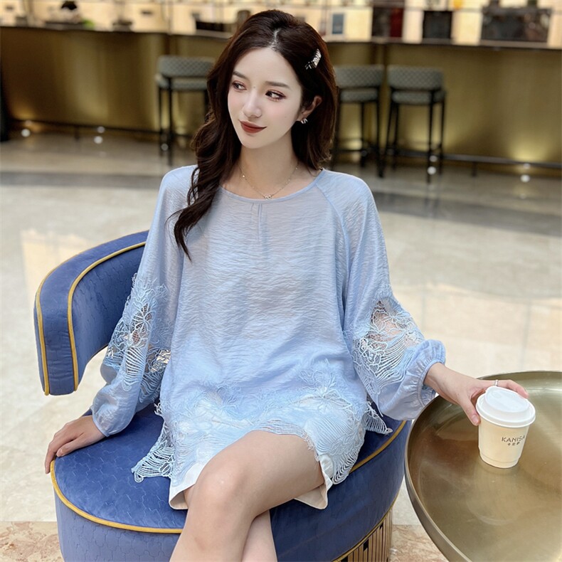 现货2025夏季新款简约度假风镂空拼接袖休闲百搭气质小衫,女装衬衫,深水步