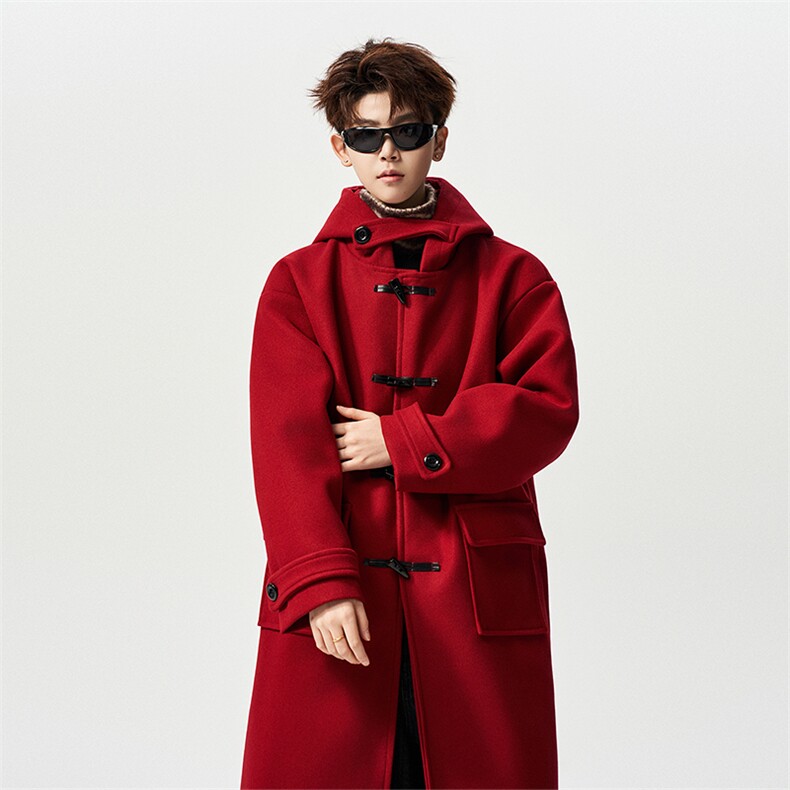 有长图冬牛角扣连帽毛呢大衣男宽松风衣外套MN00706/P125加棉P135，男装风衣，电商B316