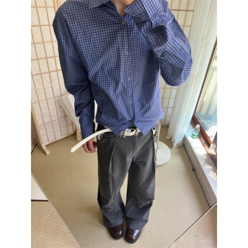 夏秋~老钱风miu系蓝色格子百搭下摆抽绳长袖衬衫W1327/特P38,男装衬衫,电商B350