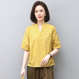 2025夏季新款亚麻休闲时尚高端苎麻上衣中年妈妈棉麻女图片
