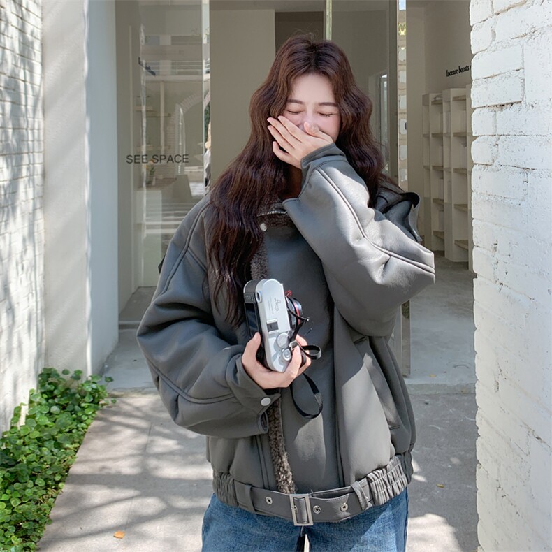 秋冬加厚女PU立领机车服羊羔毛仿皮毛一体环保皮草外套2025新款潮,女装短外套,2C278