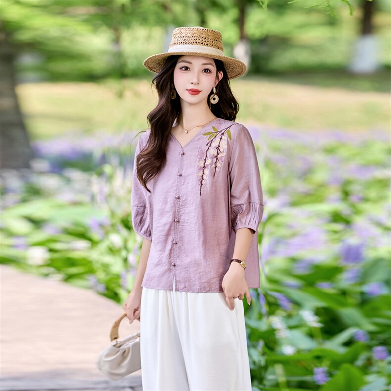 时尚洋气刺绣棉麻套装女2026夏季新款宽松遮肉显瘦阔腿裤两件套,女装套装/套裙,魅影