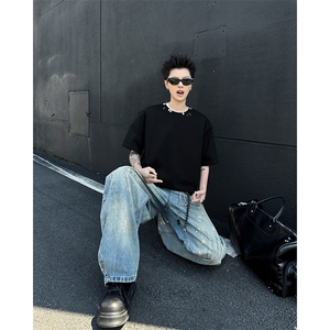 潮牌痞帅炸街t恤男重磅美式金属环扣短袖夏季小众半袖T0582-P48