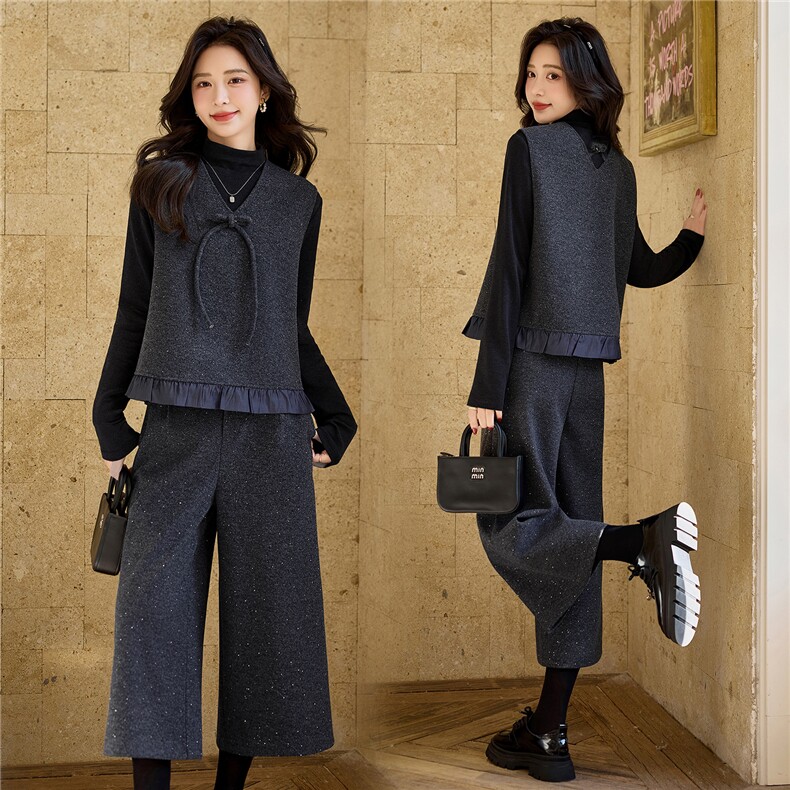 【bao款早春格雷灰系列】2026v领蝴蝶结亮片木耳边八分裤三件套，女装套装/套裙，雅静靓衣