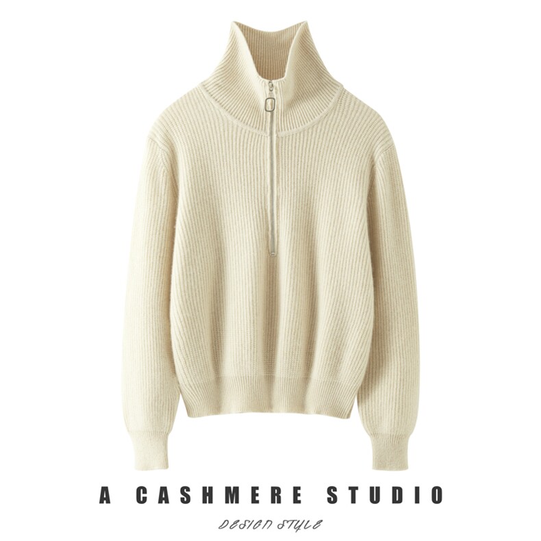 秋冬季新款舒适时尚百搭女士半拉链高领抽条35%羊绒衫，女装羊绒衫，戎美山