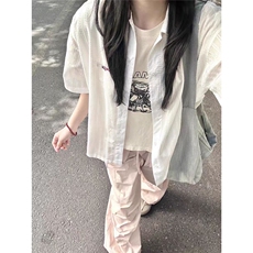 独特好看短袖衬衫女小个子夏季复古刺绣宽松百搭半袖条纹衬衣上衣，男装T恤，星座506A