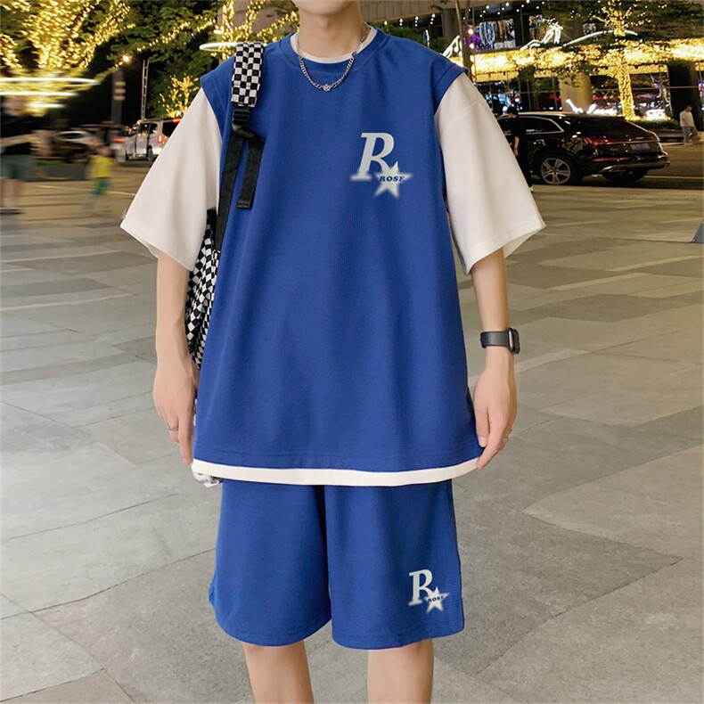 华夫格套装潮流休闲短袖短裤两件套FTZ3037-P55控78，男装休闲套装，电商B370