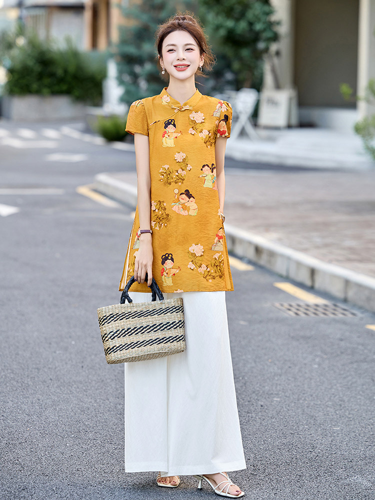 四季青2025夏季新款国风盘扣印花短袖衬衫时尚阔腿长裤女潮,女装连衣裙,衣之秀