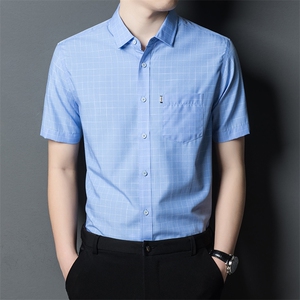 FC21PS2526夏季2023年男式薄款短袖衬衣修身格子简约浅色衬衫P60图片