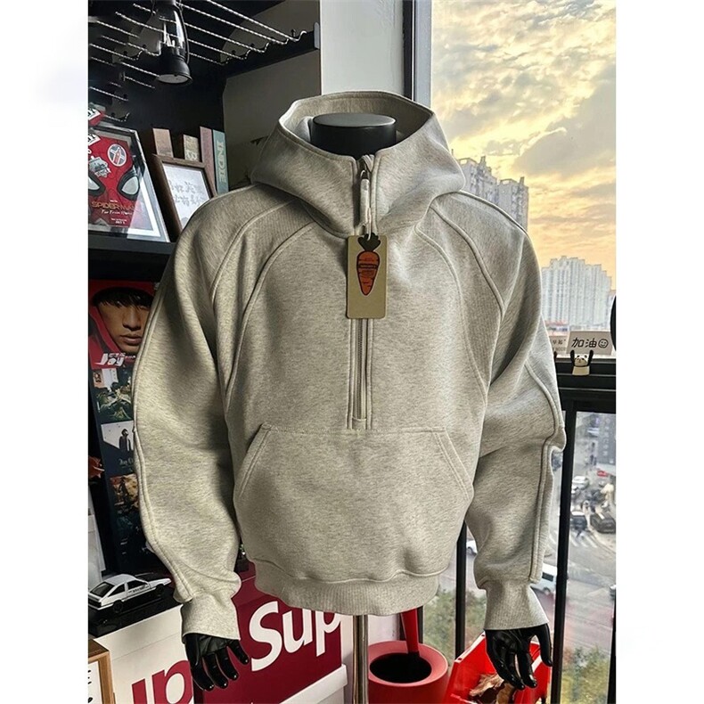 抖音得物二开美式重磅宽松结构拉链设计防风高领连帽卫衣外套W76，男装卫衣，电商A486