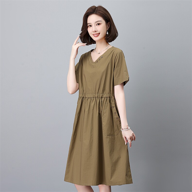 时尚宽松显瘦V领短袖连衣裙优雅气质百搭女装舒适面料,女装连衣裙,叶笙衣