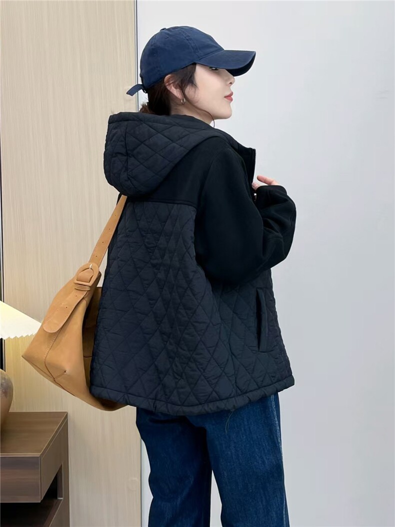 2025冬装新款修身保暖时尚菱形格个性拼接女士棉服外套,女装棉衣/棉服,江忆布依