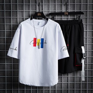 夏季潮男短袖T恤套装男宽松工装裤青少年两件套F179P70图片