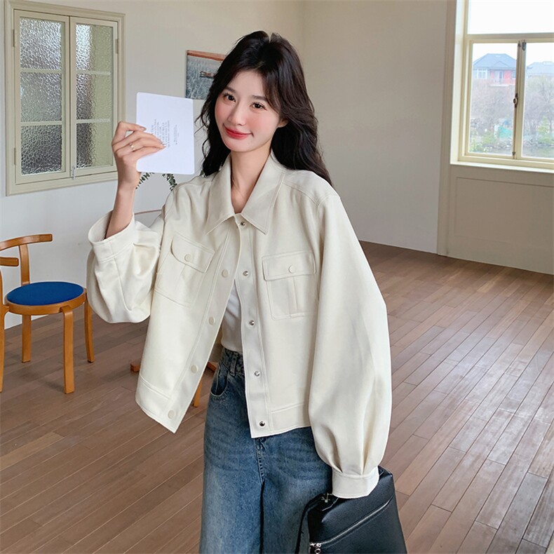 白色休闲麂皮绒短外套女2025春新款韩版百搭减龄小个子设计感夹克,女装短外套,2C272