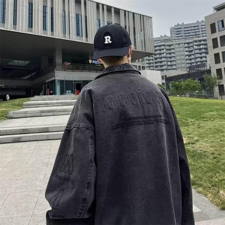 美式复古烟灰色刺绣牛仔外套oversize高街男春秋水洗褂子工装夹克,男装工装外套,星座1210-1