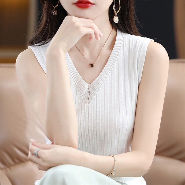 v领冰丝针织吊带背心女夏内搭打底上衣性感修身镂空无袖t恤,女装背心吊带,思牵羊绒