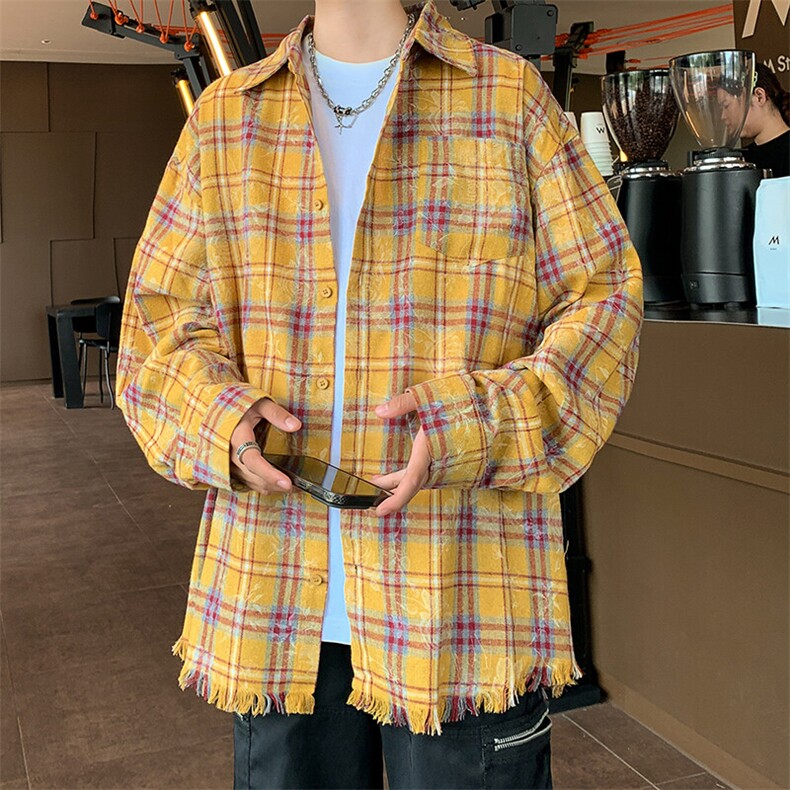 S01-P38美式黄色格子磨破宽松型长袖情侣衬衫图片