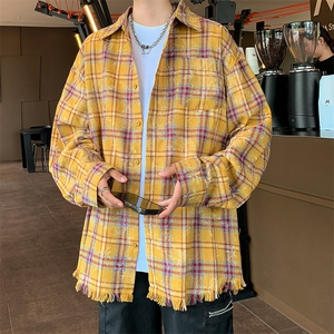S01-P38美式黄色格子磨破宽松型长袖情侣衬衫图片
