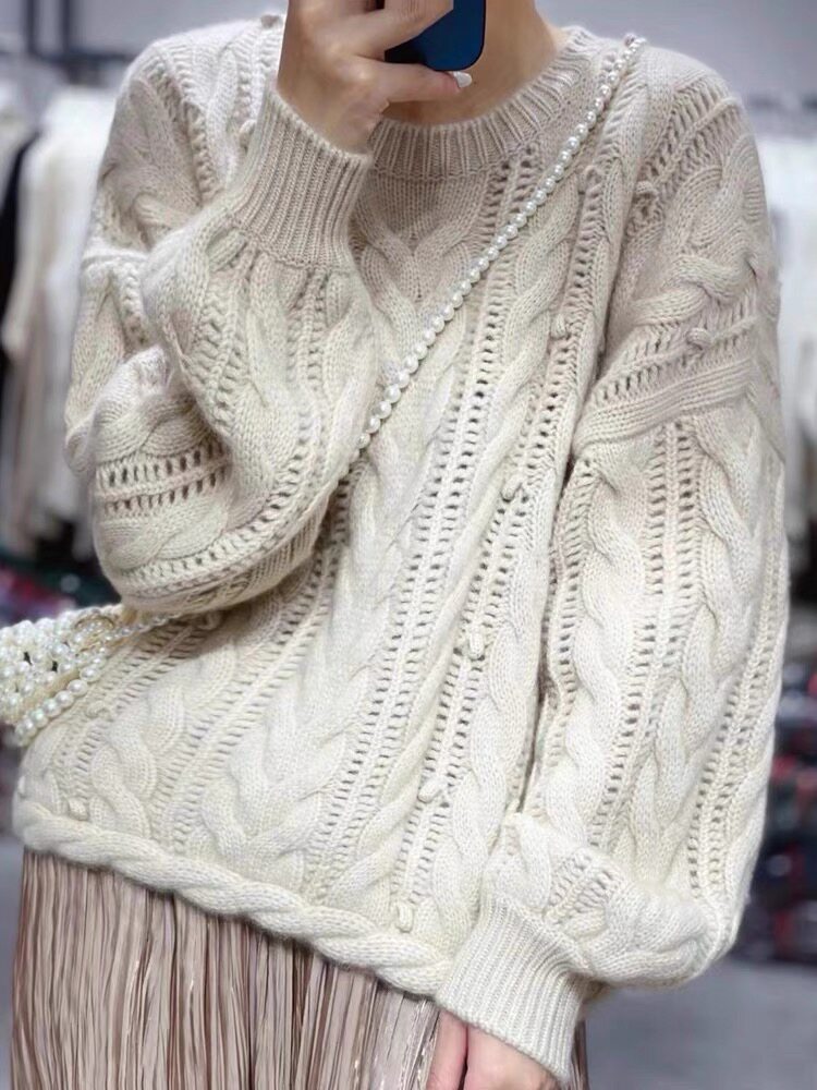 毛衣女新款2024秋冬套头短款宽松慵懒针织上衣，女装羊毛衫，思途羊绒