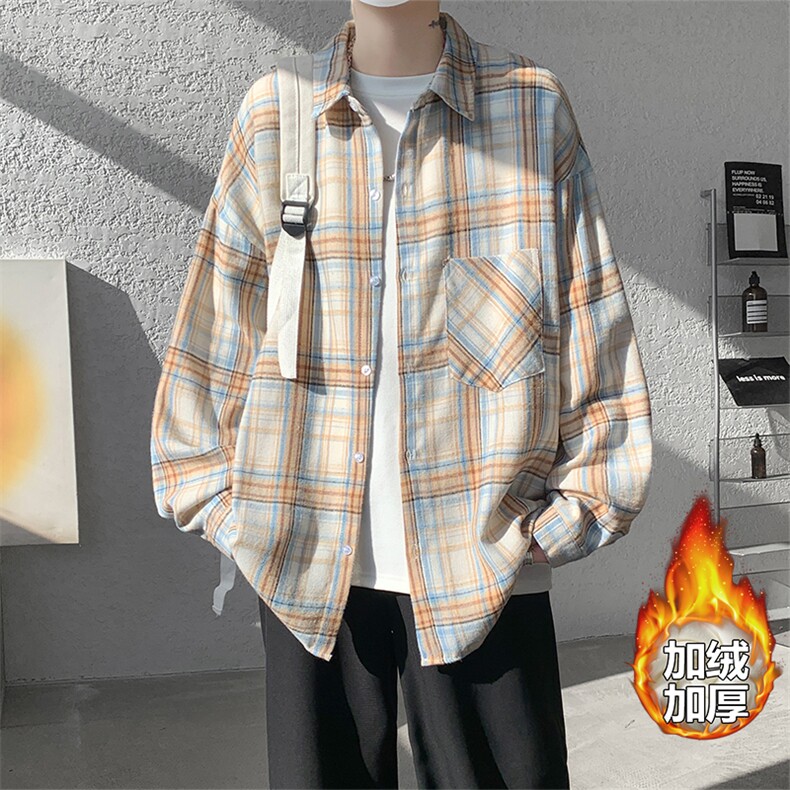 加绒衬衫男冬季新款港风宽松磨毛格子长袖衬衣JR02-特P35，男装衬衫，星座214-3