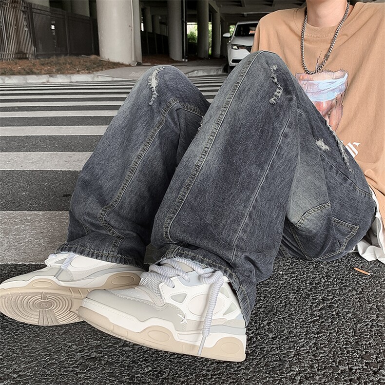 牛仔裤男春秋季美式高街水洗破洞潮牌宽松直筒休闲长裤N01068-P45图片