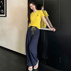 女夏季新款韩版时尚休闲套装修身圆领黄色短袖上衣阔腿长裤两件套，女装套装/套裙，江南