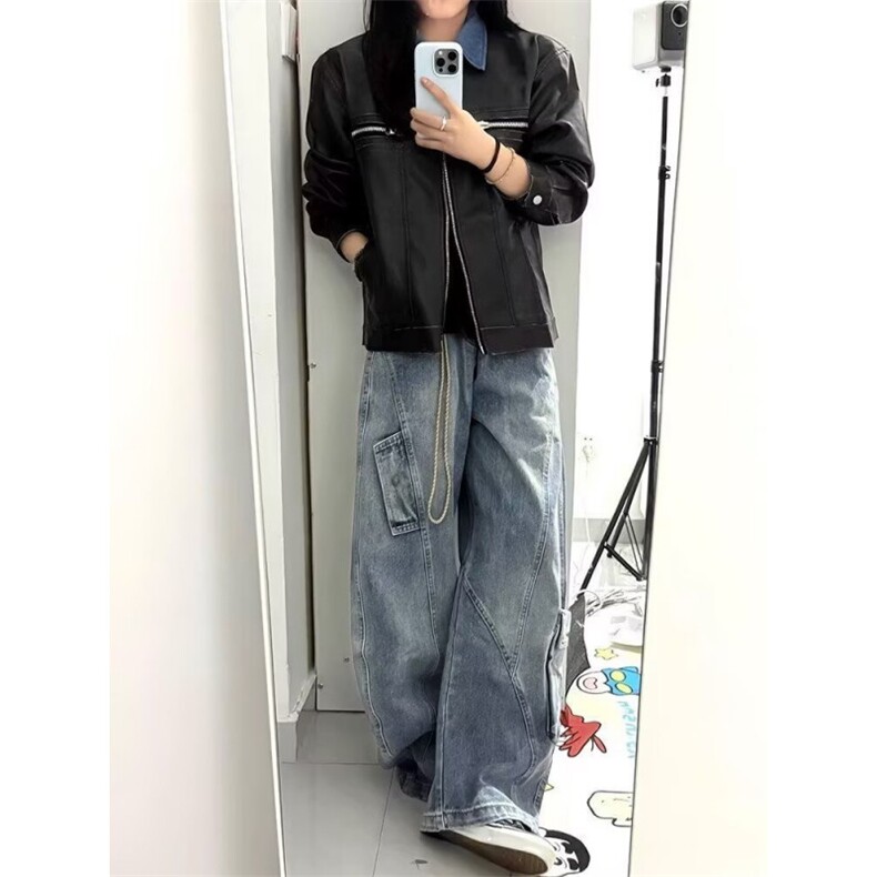 男女拼接大码牛仔裤男直筒宽松春秋裤子男款2026新款美式休闲长裤,男装牛仔裤,星座601-1