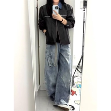 男女拼接大码牛仔裤男直筒宽松春秋裤子男款2026新款美式休闲长裤，男装牛仔裤，星座601-1