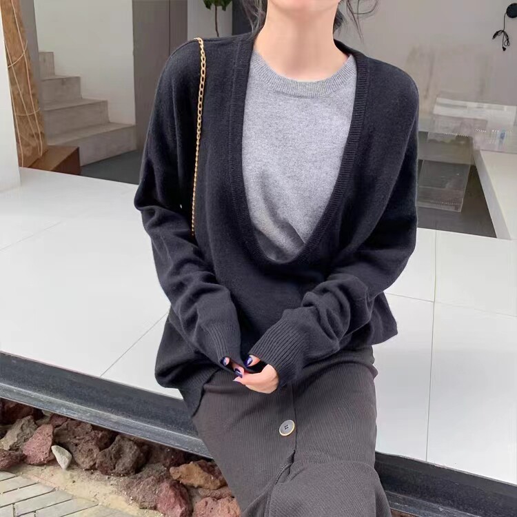 秋季新款舒适显瘦时尚百搭深U领两件套羊毛衫,女装羊毛衫,恒恩羊绒