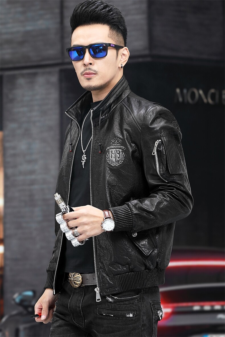 Z2003男士绵羊皮皮衣外套修身翻领机车皮衣男P850图片