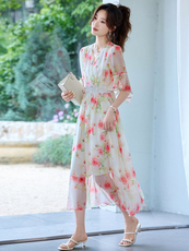 拉夏贝尔官方绝美碎花刺绣连衣裙女2025夏季新款气质茶歇法式长裙，女装连衣裙，辉煌依升