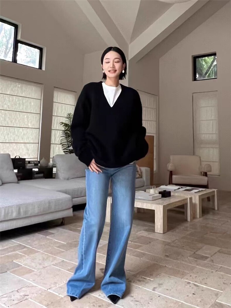 高端软糯廓形V领衫女打底羊毛针织衫慵懒宽松加厚毛衣,女装羊毛衫,恒恩羊绒