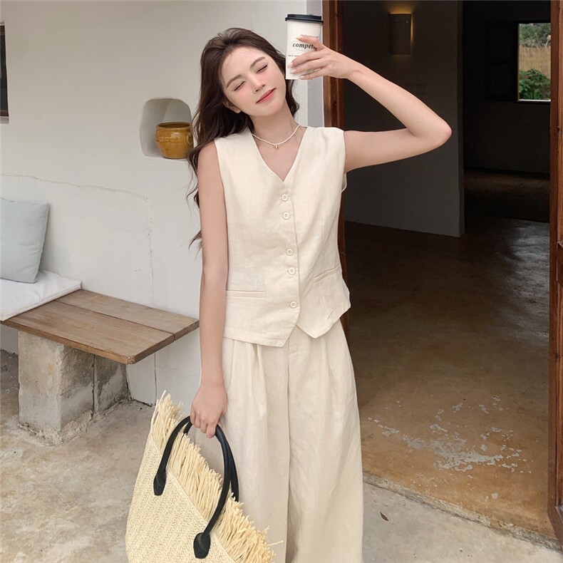 浅米色老钱风无袖马甲套装女2025夏新款韩系气质休闲阔腿裤两件套,女装套装/套裙,2C120
