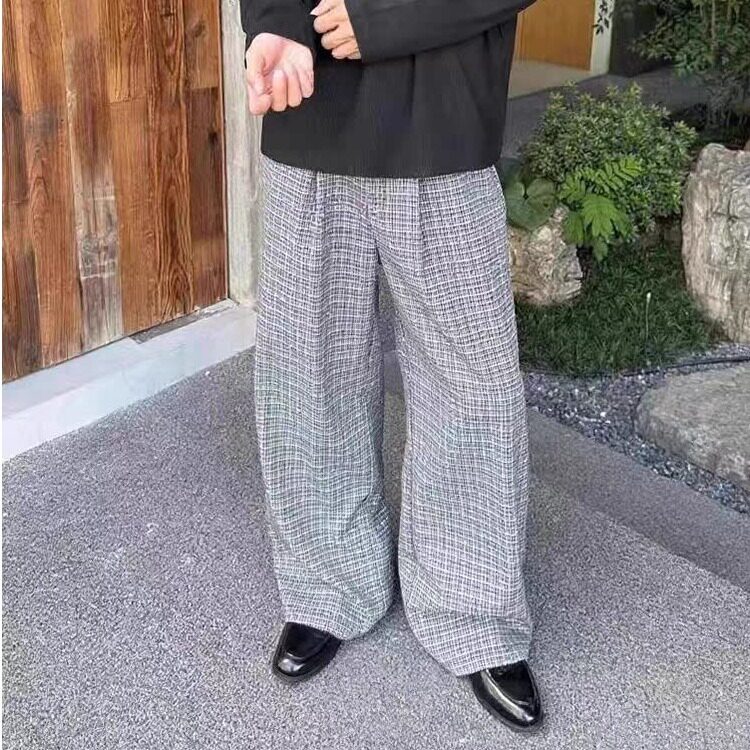 阔腿裤男女直筒长裤子秋冬新款松紧腰百搭休闲裤显瘦薄款格子裤,男装休闲裤,星座506A