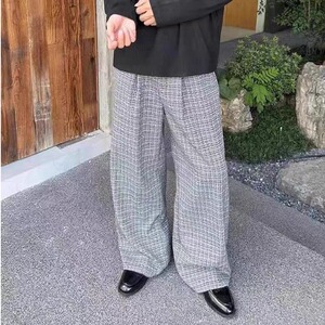 阔腿裤男女直筒长裤子秋冬新款松紧腰百搭休闲裤显瘦薄款格子裤图片