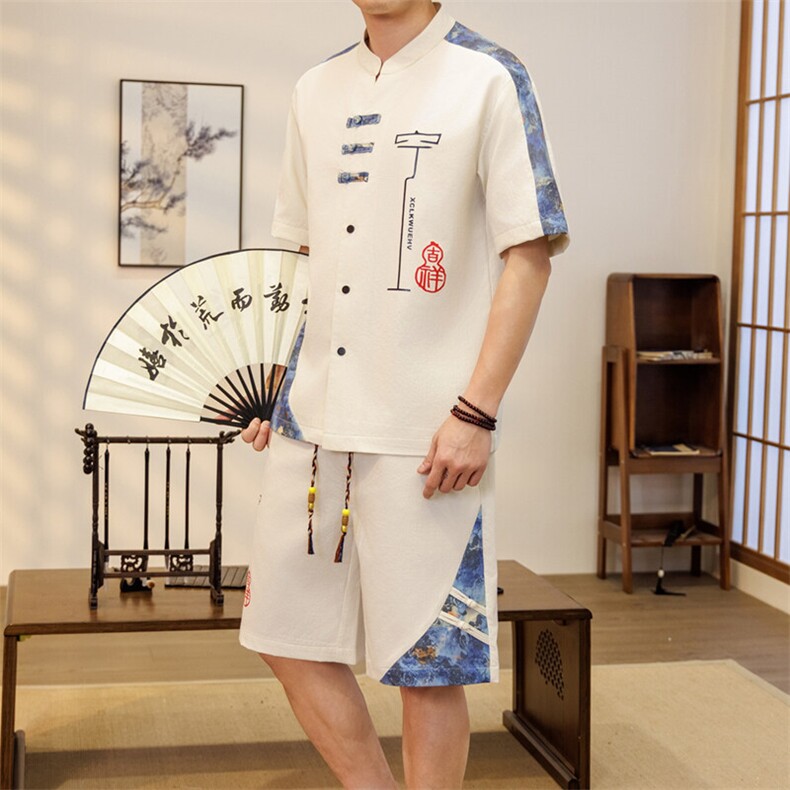 潮风套装男新中式短袖衬衫时尚休闲短裤两件套JZ306-P58，男装休闲套装，星座310B-3