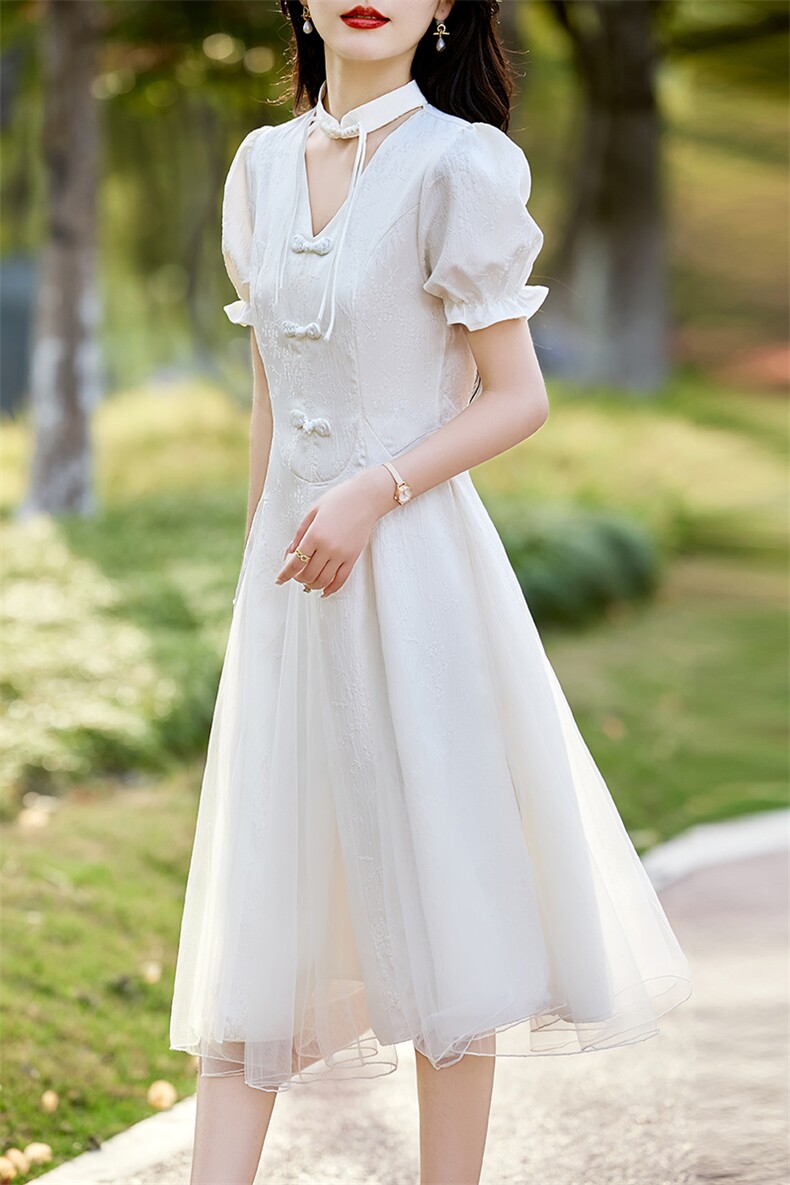 2024年夏季新款盘扣短袖中长款纯色网纱复古女装连衣裙,女装连衣裙,初闻兮