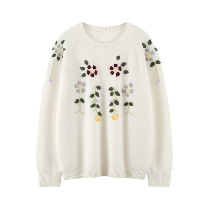2025秋冬百搭新款舒适简约插肩绣花圆领羊绒衫，女装羊绒衫，绒知纯羊绒