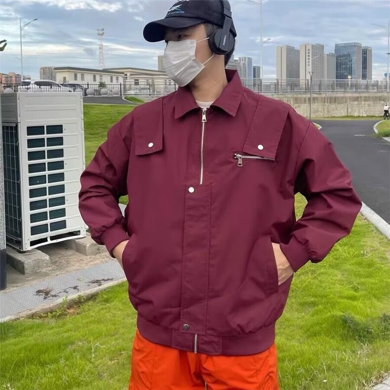 棉服美式红色工装外套春秋冬季男女痞帅设计感飞行员棒球服厚夹克图片