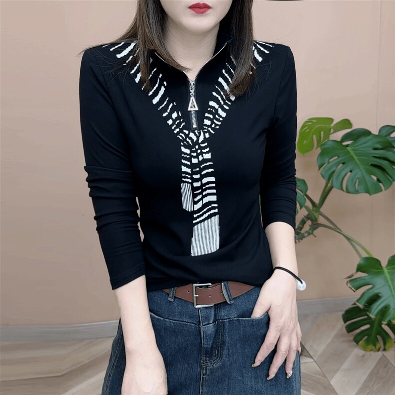 女装2024秋季时尚气质显瘦半拉链设计感长袖打底上衣,女装衬衫,思沃羊绒