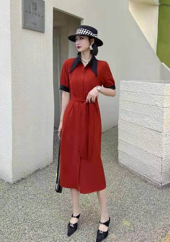 中式扣撞色连衣裙，女装连衣裙，迪蔓君翔