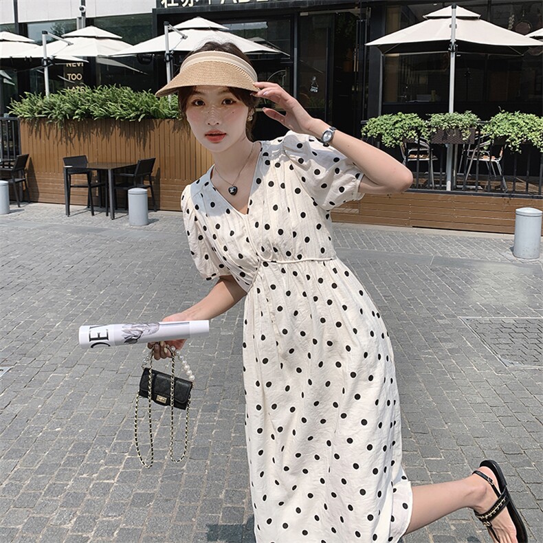 法式气质v领波点连衣裙女2025夏季新款韩版收腰显瘦温柔风长裙子,女装连衣裙,2C037