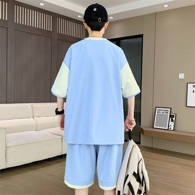 TZ25339-P55夏季休闲T恤短裤男两件套青少年学生运动短袖套装,男装牛仔裤,电商D310B