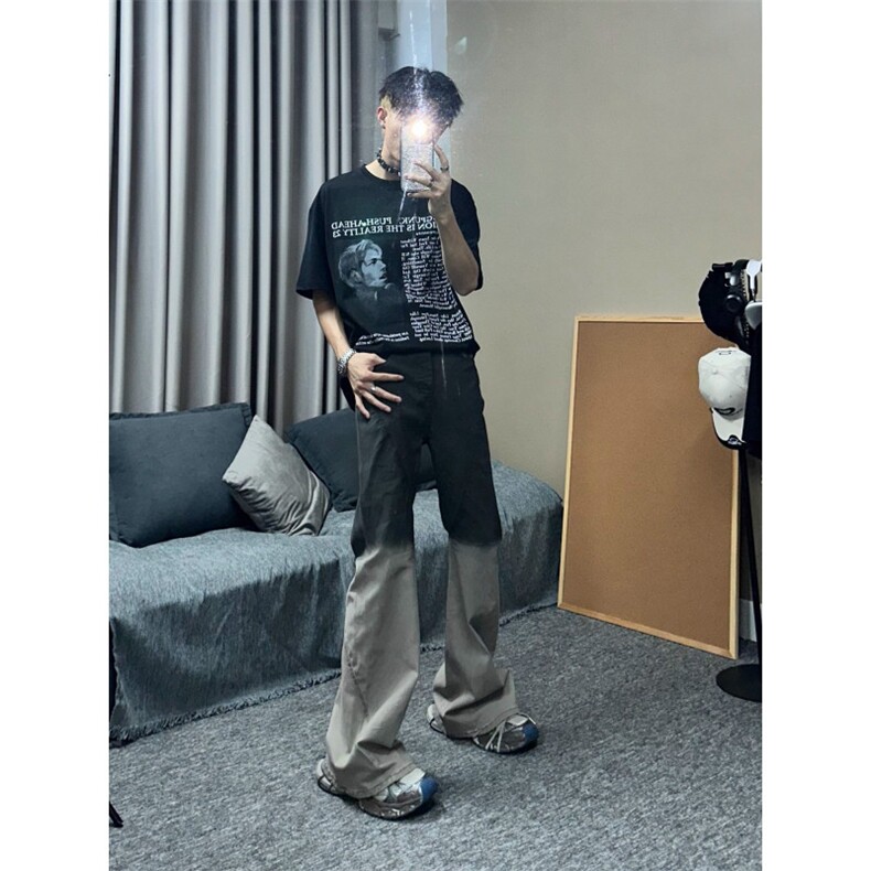 高街ro渐变小众暗黑飘带水洗拖地牛仔裤喇叭紧身显瘦堆积裤子,男装牛仔裤,星座601-1