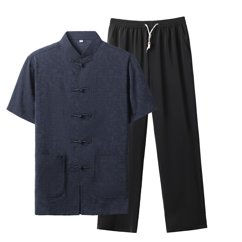 主推唐装中老年中式立领短袖套装夏装男风汉服爷爷装短袖套装,男装中老年男装,钱塘723