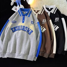 港风中性风平铺POLO领卫衣情侣大码M-5XL休闲套头卫衣男C7720P55，男装Polo衫，星座227-7